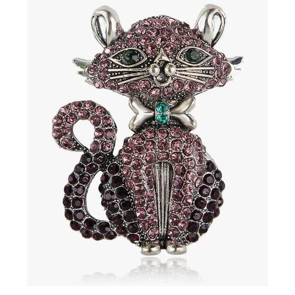 Adorable Purple,Pink,Turquoise Crystal Cat Pin Kitty Brooch Halloween Christmas - Picture 2 of 6